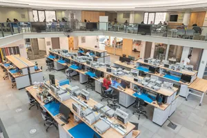 Overhead view of the Hive's second floor electronics benchtops