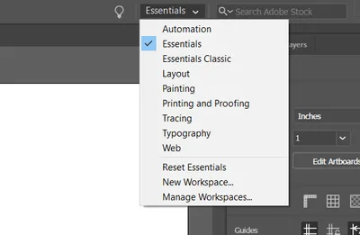 Dropdown to select various preset layouts in Illustrator